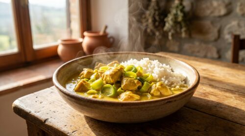 Curry di pollo porri e riso la salvezza delle sere senza idee